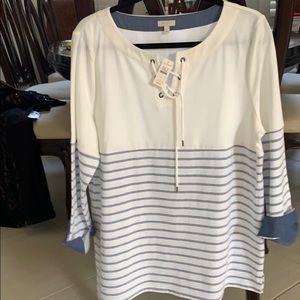 NWT Talbots 3/4 length white w/chambray stripes